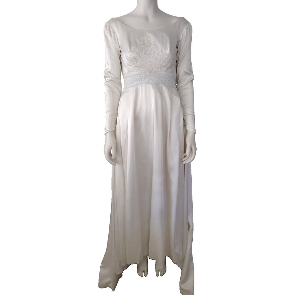 Vintage 1960s Ivory Satin Bow Back Long Sweep Maxi Wedding Dress Size XXS Waist